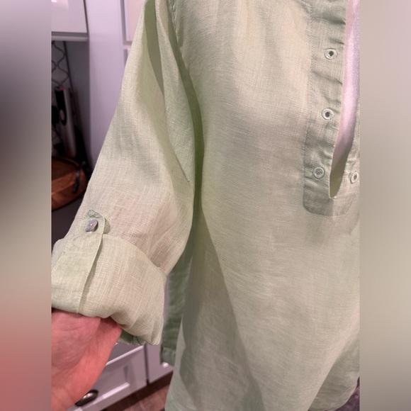 Soft Surroundings Light Green Mint Linen V-Neck Tunic Top Roll Tab Sleeve Large - Picture 12 of 13